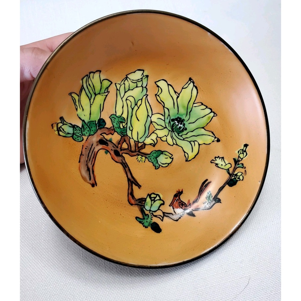 Vtg Japanese Porcelain Bowl Brass Encased Orange Hand Painted Hong‎ Kong Dish